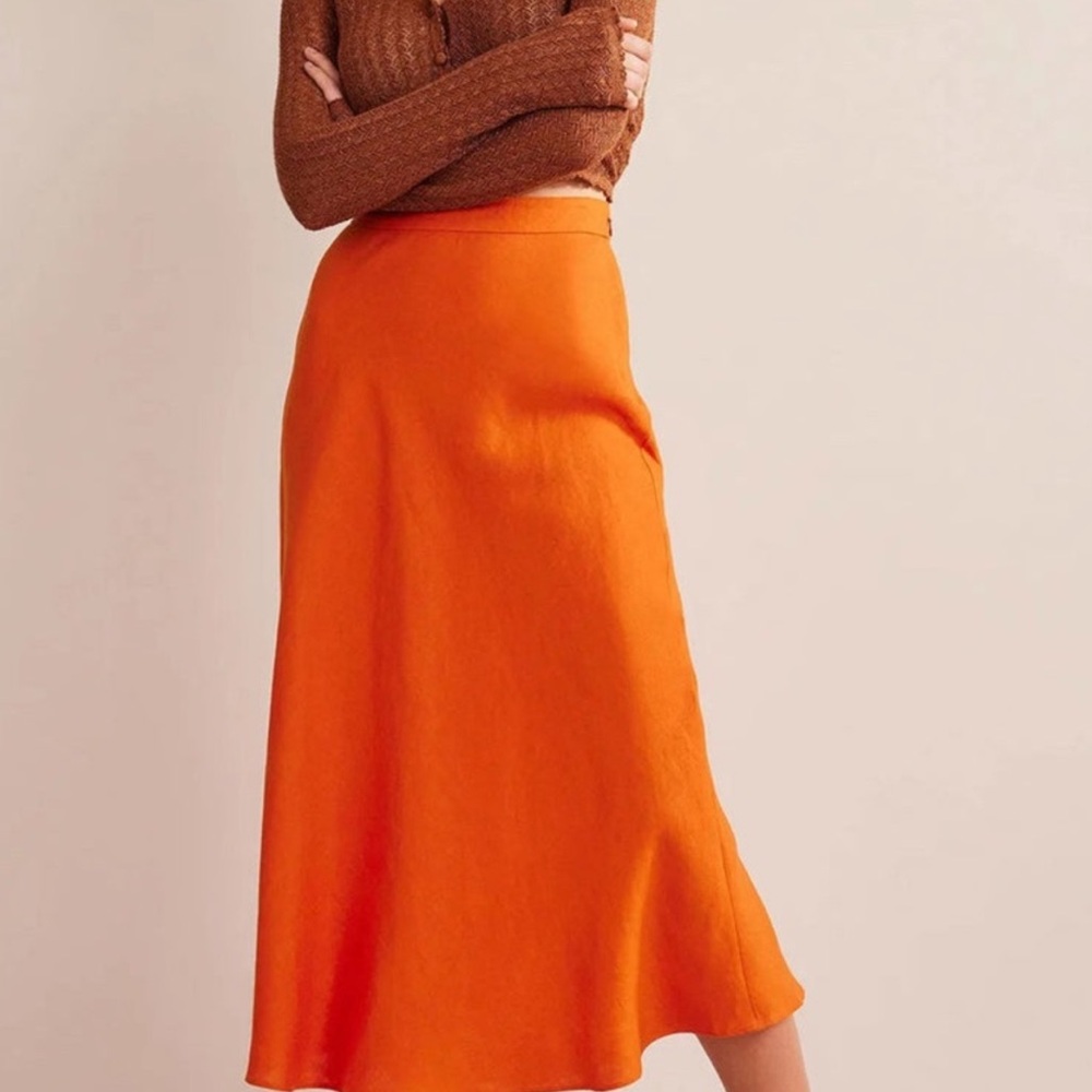 Boden Orange Linen Bias Midi Skirt